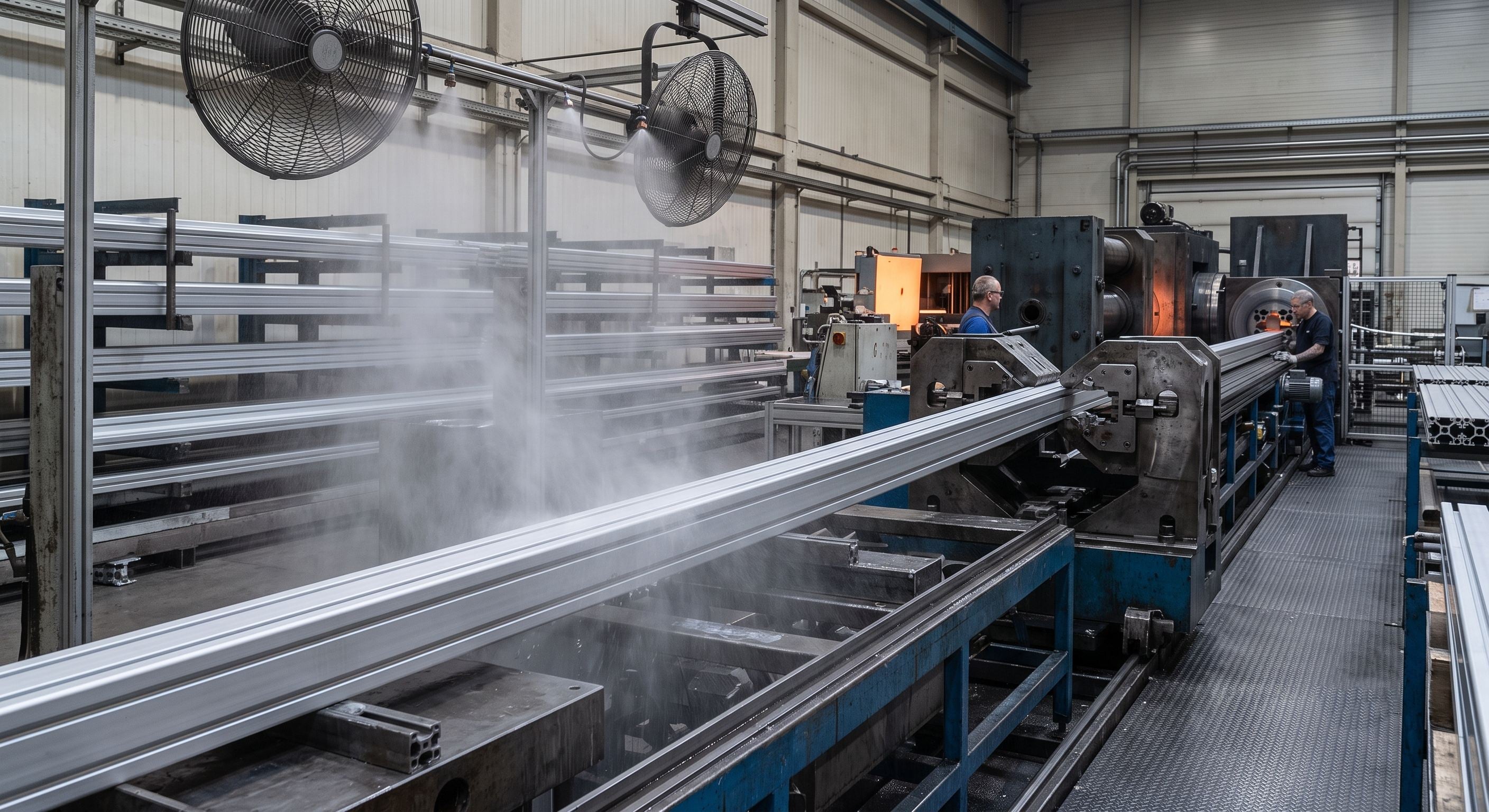 Hot aluminum profile emerging from the extrusion die
