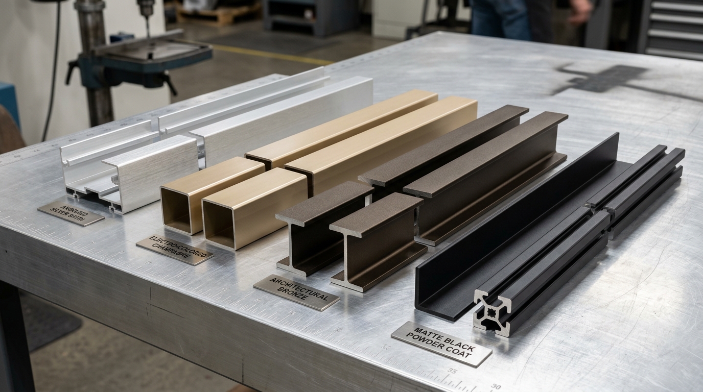 Custom Aluminium Anodized and Powder Coated Extrusion Finishes in Silver Satin, Champagne, Bronze, and Matte Black